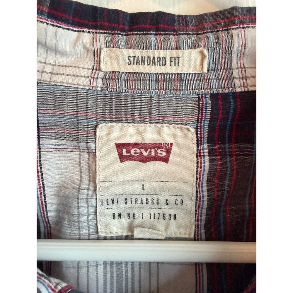 Levis Mens Western Plaid Pearl Snap Shirt Navy Red White Long Sleeve Large